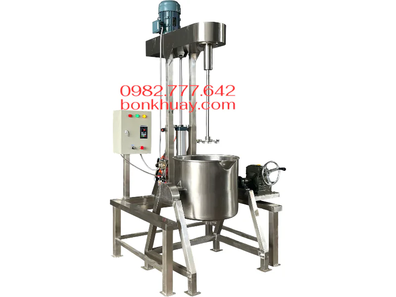 Máy khuấy thực phẩm khung inox kết hợp bồn chứa nghiêng thùng